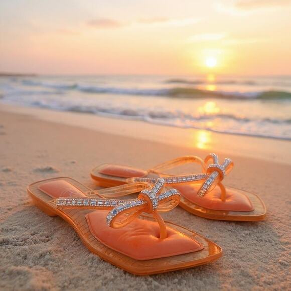 London Rag Orange Jelly Sandal Flip Flop Silver Gems Bowtie Women's Size 11 - Picture 1 of 10